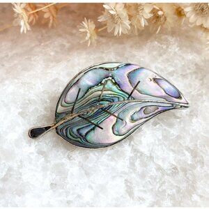 Leaf Shaped Beto of Taxco Abalone Shell Inlay Vintage Sterling Silver Brooch